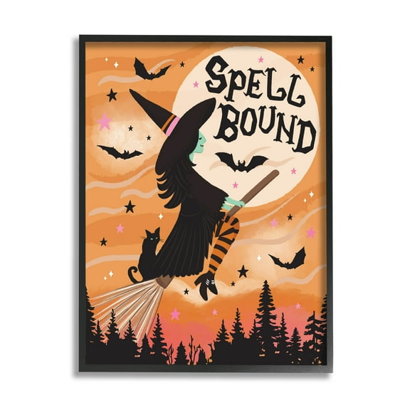 Spell Bound Witch Flying Moonlit Sky Holiday Graphic Art Black Framed Art Print Wall Art