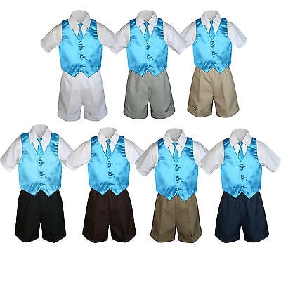 4pc Set Boy Toddler Formal Turquoise Vest and Necktie Black Khaki Shorts S-4T