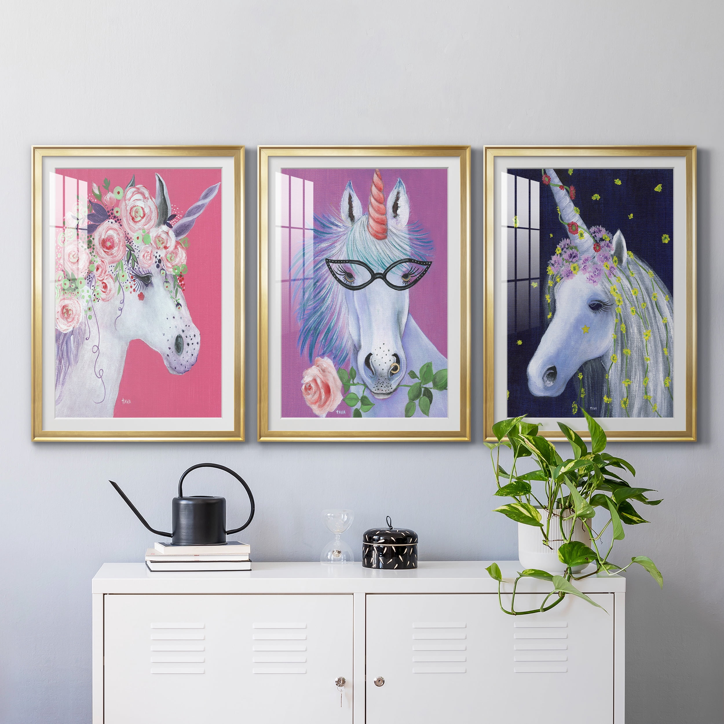 Unicorn II Premium Framed Prints Set of 3 - Ready to Hang - 30.5 x 42.5 Each - Gold Frame