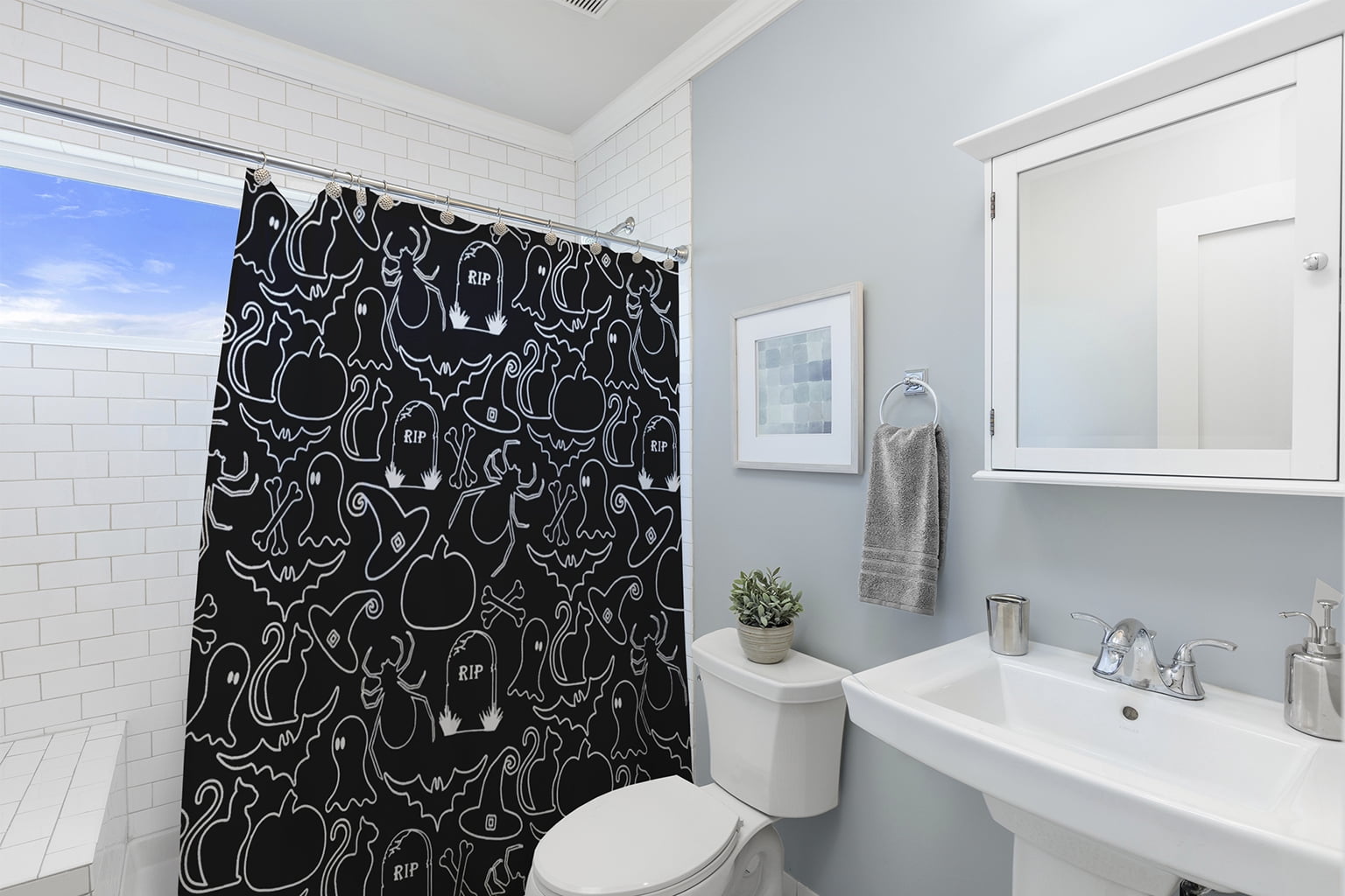 Simply Daisy 70" W x 73" L Halloween Halloween Outlines Polyester Shower Curtain, Black [1 Ct]