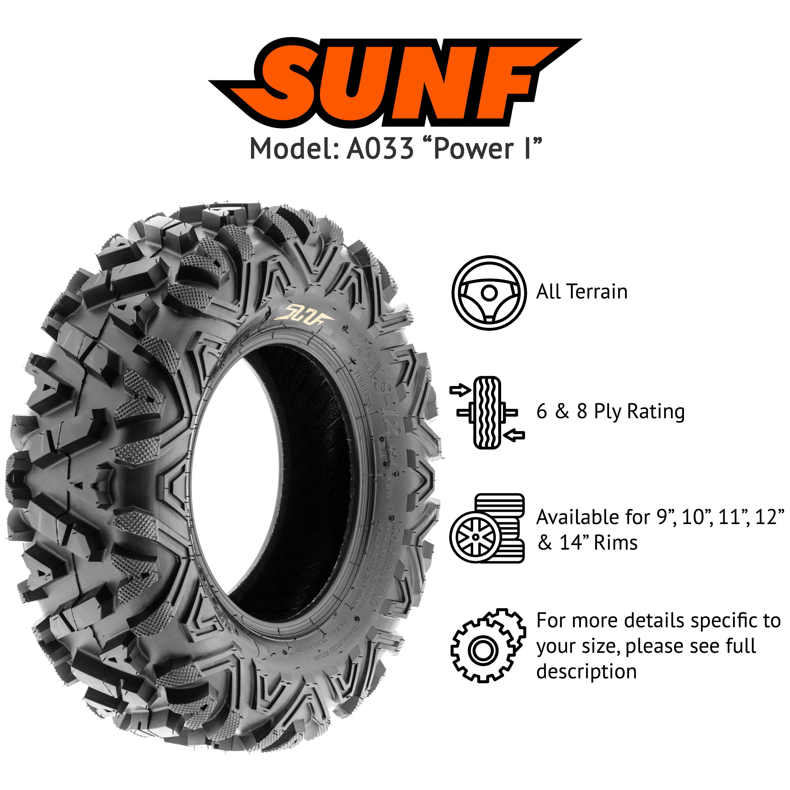 Set of 4 A033 Tubeless 6-PR SunF Power.I ATV/UTV all-terrain Tires 25x8-12 Front & 25x10-12 Rear 