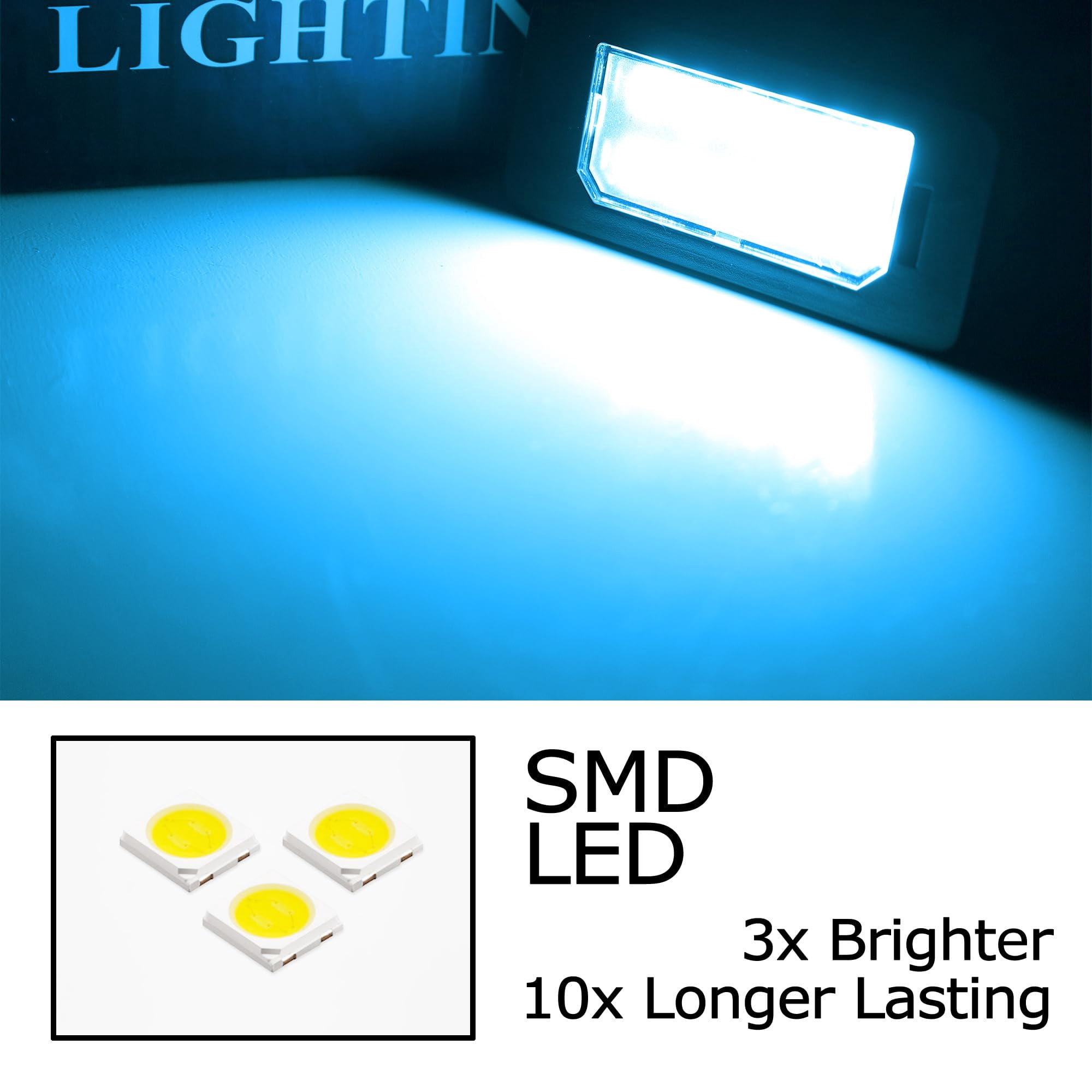 Can-Bus Error Free OEM-Fit 3W Full LED License Plate Light Kit For BMW Gxx Chassis Code G20 3 Series, G30 5 Series, G05 X5, Powered By 12-Piece Ice Blue Aqua LED Diodes