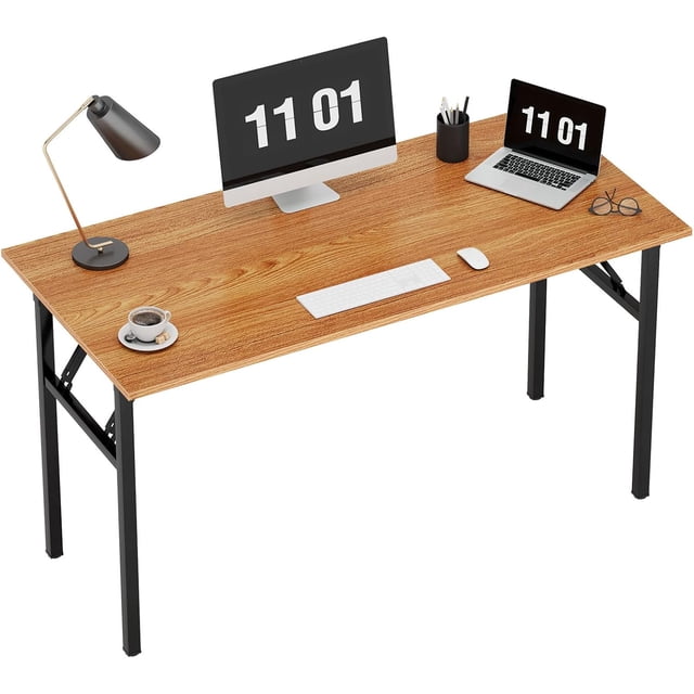 Folding Computer Desk Foldable Work Desk Table Writing Desk Folding Home Office Desk No to Assemble Teak&