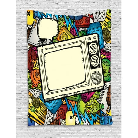Hip Hop Tapestry 90s Theme Retro Style Linear Drawn Icons A