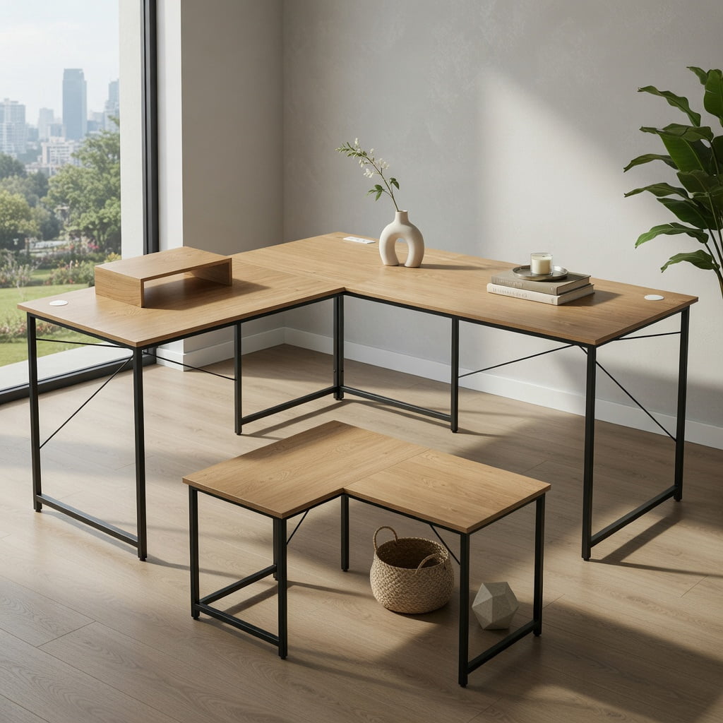 Demi Bonn 95" 2-Person L-Shaped Long Reversible Computer Desk with Monitor Stand, Small Home Office Desk Study Writing Table, Natrual