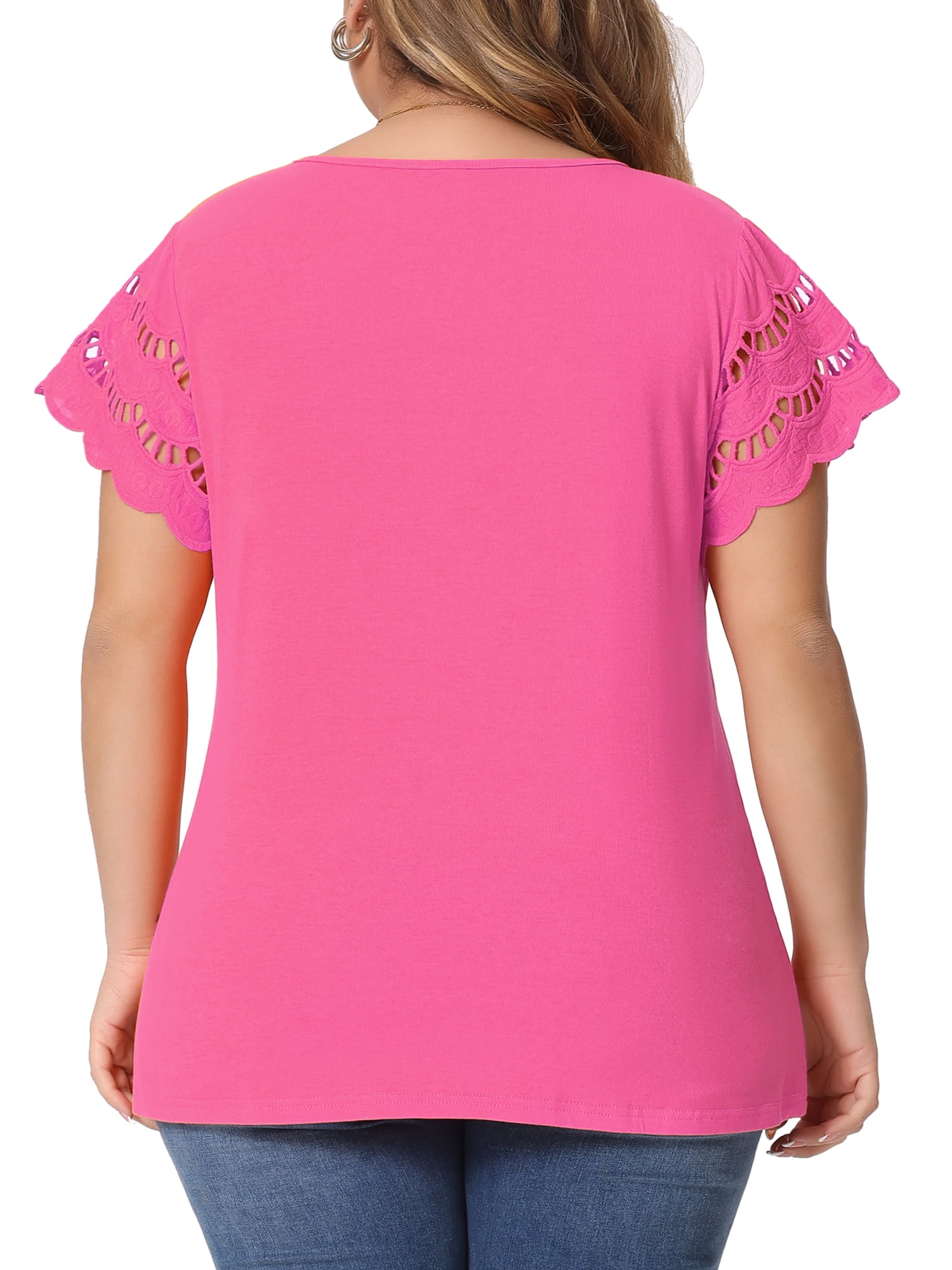 DARING DIVA Women's Plus Size Round Neck Lace Panel Blouses 3X Hot Pink