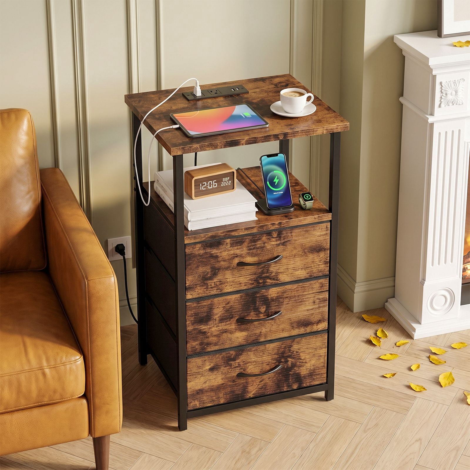 Nightstand with Charging Station and 3 Fabric Drawers, End Table with 2 AC Outlets and 2 USB Ports, Open Shelf, MDF and Metal Frame, Bedroom
