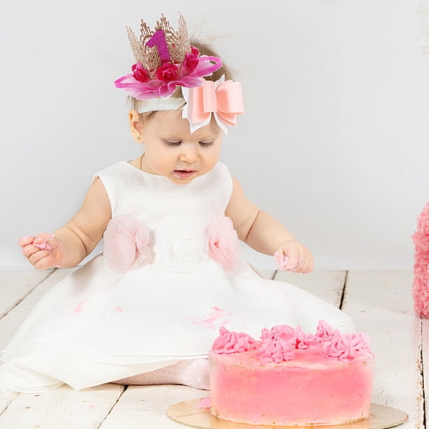 Corona De Princesa Rosa Y Dorada Para Bebé De 1 Año - Diadema De Felpa Con Flores, Ajuste Elástico