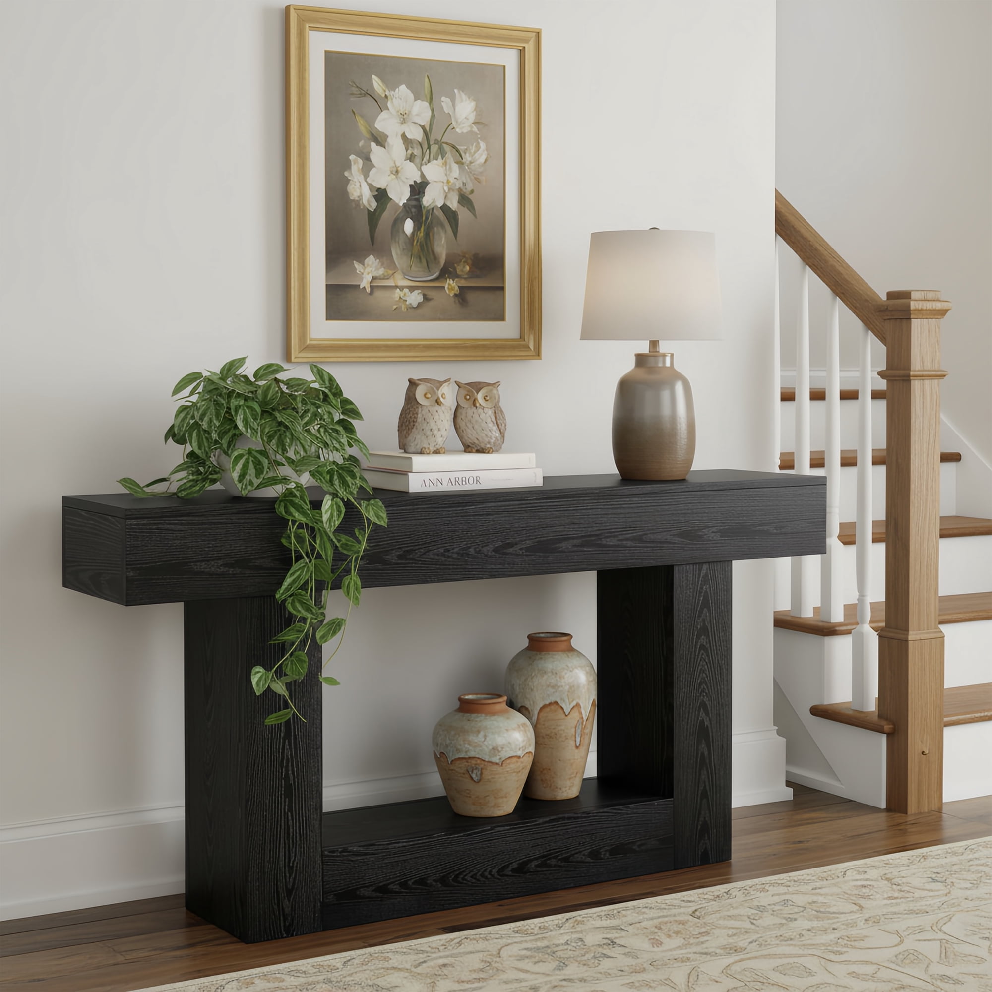 63" Farmhouse 2-Tier Console Table, U-Shaped Base Entryway Table, Narrow Wood Sofa Table Behind Couch for Living Room & Hallway (Black)
