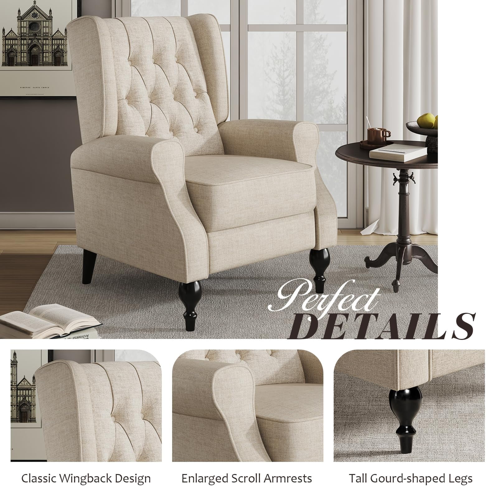 Merluxy Recliner Chair for Living Room,Classic Tufted,Widened Armrest and High Wingback,Fabric Beige