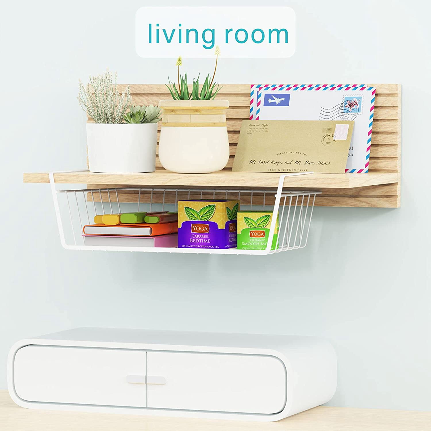 4 Pack White Under Shelf Wire Basket Hanging Storage Baskets, Under Cabinet Add-on Storage Racks Slide-in Baskets Organizer for Kitchen Pantry Desk Bookshelf