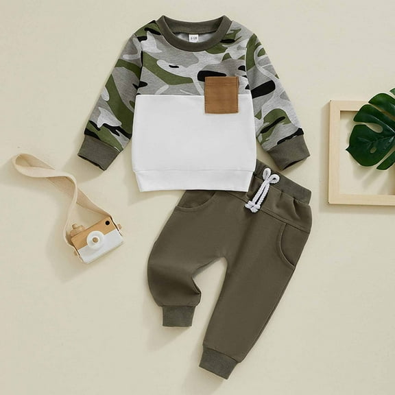 Nrmvnmi Fall Baby Boy Clothes Set Toddler Camo Shirt Crew Neck Long Sleeve Creameck Sweatshirt And Solid Color High Waisted Elastic Pants With Pocket Fall Winter Fashion Outfit