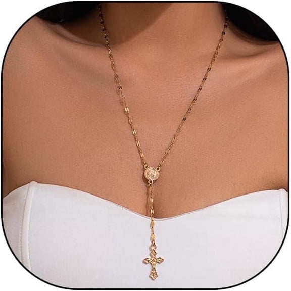 YMCSTONEMA 14K Gold Plated Cross Thin Chain Pendant Necklace, Adjustable Layered Stacked Long Y Necklace, Simple Daily Charm Statement Jewelry Gift[xl5676]
