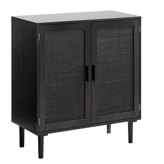 Rattan Storage Cabinet - 2 Door Accent Sideboard, Adjustable Shelves, Black