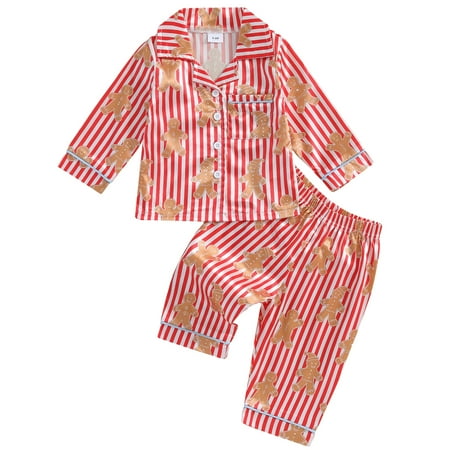 

Kids Baby Girls Christmas Pajama Sets Long Sleeve Lapel Gingerbread Man Print Shirt Pants Sleepwear
