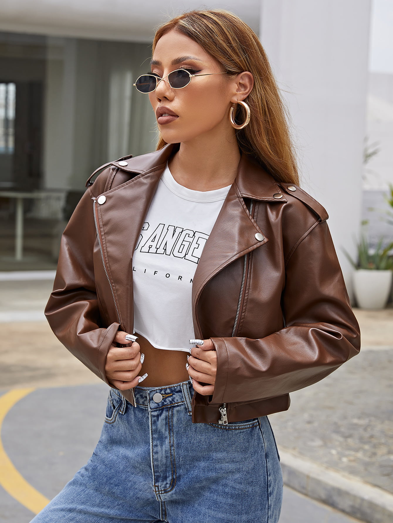 SBABY-Women Stand Collar Zip-Front Slim Pu Leather Moto Jacket Coat