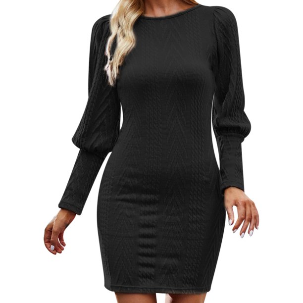 Gibobby Vestidos de sueter para mujer Vestido casual de mujer Otoño Invierno Color sólido Slim Fit Falda corta de punto(Negro,G)