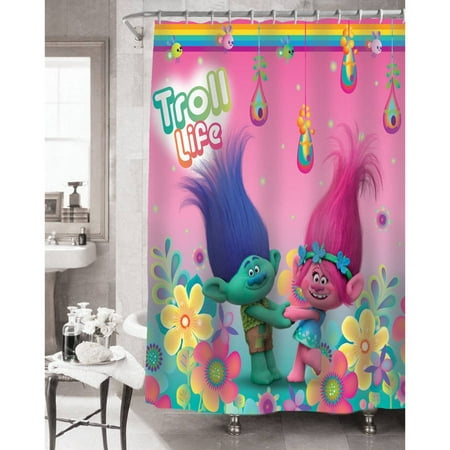 DreamWorks Trolls Pink Animation, Graphic Prints, Novelty Popular Characters, Cartoon Characters, Music, Novelty, Rainbow, Toys Polyester, Microfiber Shower Curtain, 72" x 72"