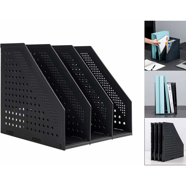 Revistero plegable/organizador de escritorio para la organización y el almacenamiento de la oficina con 3 compartimentos verticales, gris oscuro