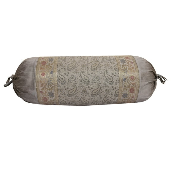 Stylo Culture Traditional Polydupion Cylindrical Tubular Bolster Pillow Cover Grey Jacquard Brocade Border Paisley Large Diwan Cylinder Pillow Cushion Cover (1 Pc) | 30x15 Inches (76x38 cm)