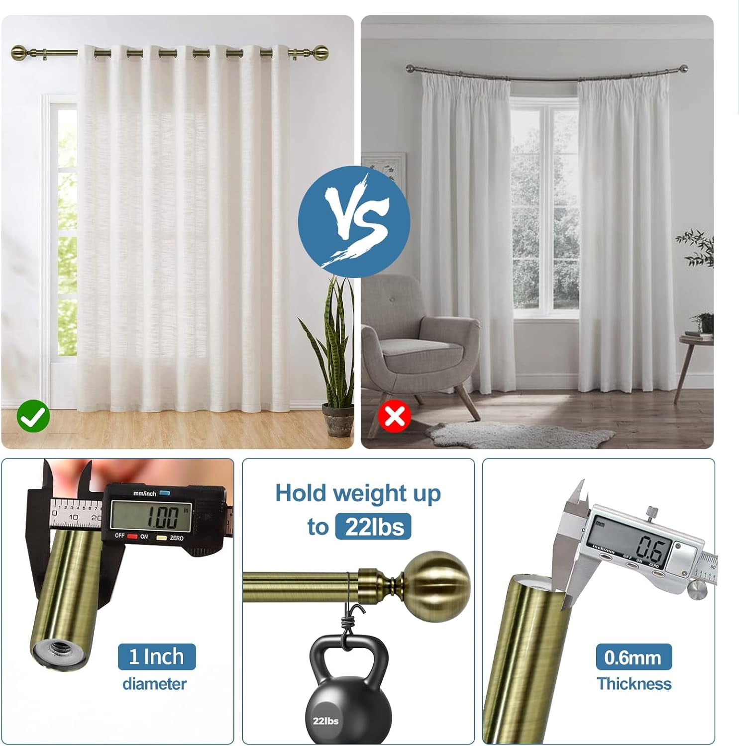 Urbanest Adjustable Double Curtain Rod Set Steel Ball Manhattan Finials – 1″ Front & 3/4 Back Rod With Antique Brass Rod, 28–48 Inches