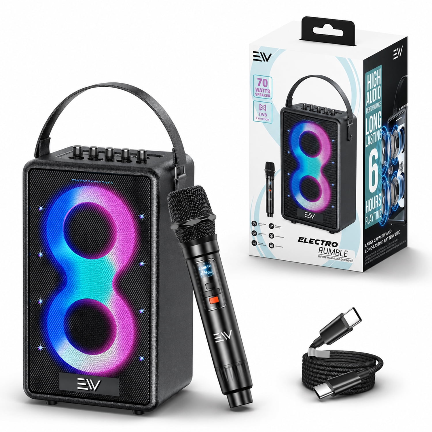 Speaker Boombox Bluetooth Music Sound 80W Con Luci RGB, TWS, Autonomia 4 Ore, Ingresso AUX/TF/USB, Maniglia E USB-C