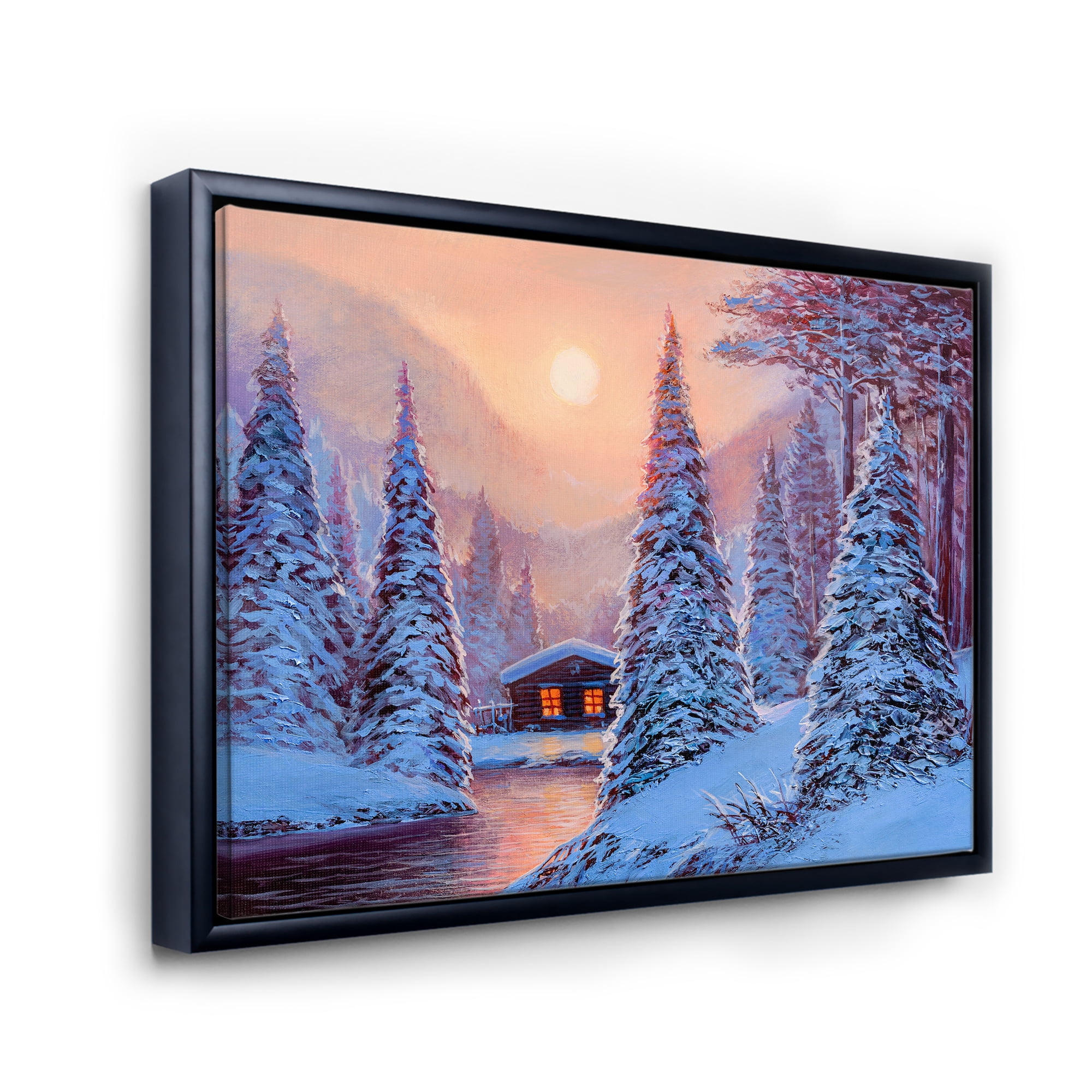 Designart 'The River House In The Woods and Winter Landscape I' Lake House Framed Canvas Wall Art Print