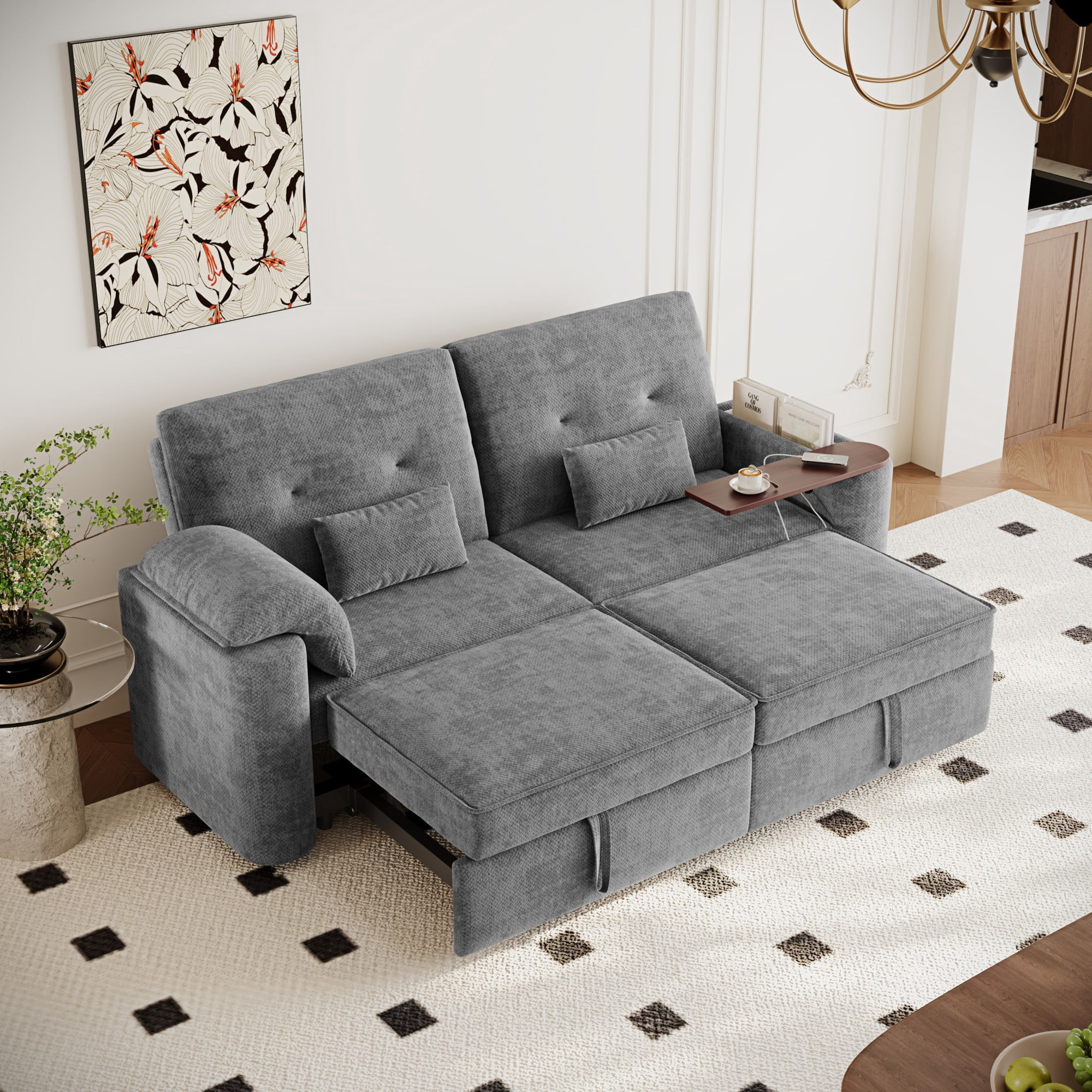DEALTOPS 82" Chenille 3-in-1 Convertible Sleeper Sofa Bed with 270° Swivel Table & USB Ports, Gray
