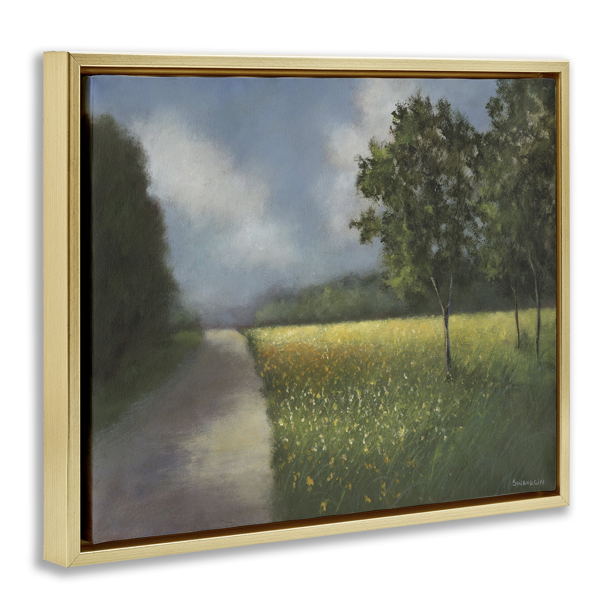 Stupell Industries Traditional Country Road Landscape Painting Gold Floater Framed Art Print Wall Art, 31 x 25