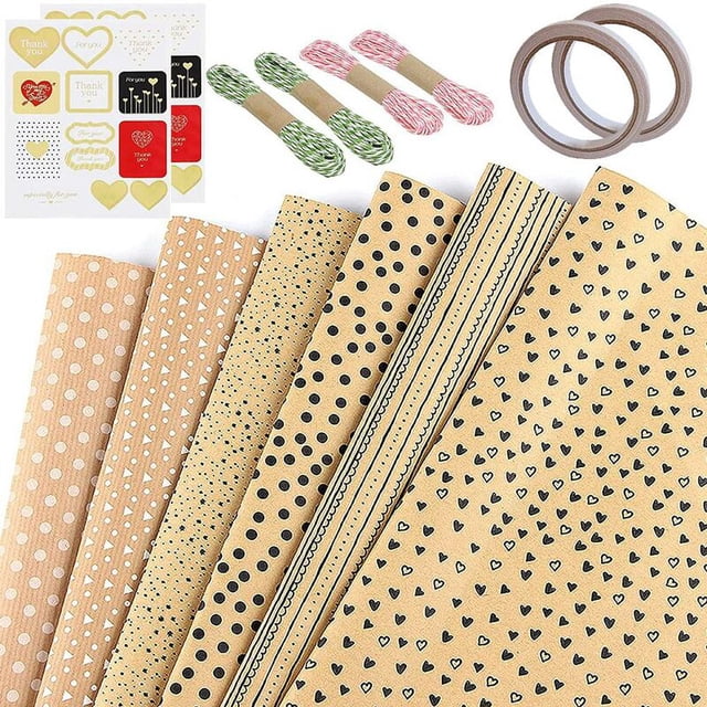 Juego de papel de regalo Kraft, 12 hojas de papel de regalo de rayas con puntos y estampados múltiples marrones para envolver bodas y fiestas