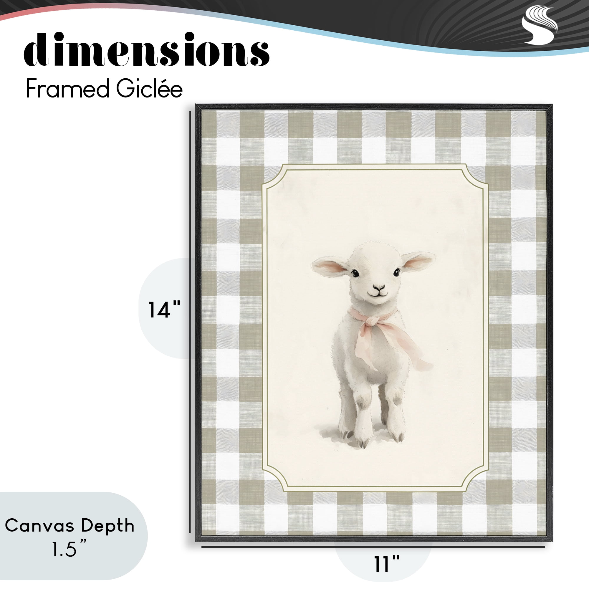 Stupell Industries Gingham Lamb with Pink Ribbon Black Framed Giclee Art, design by Arlington Prints