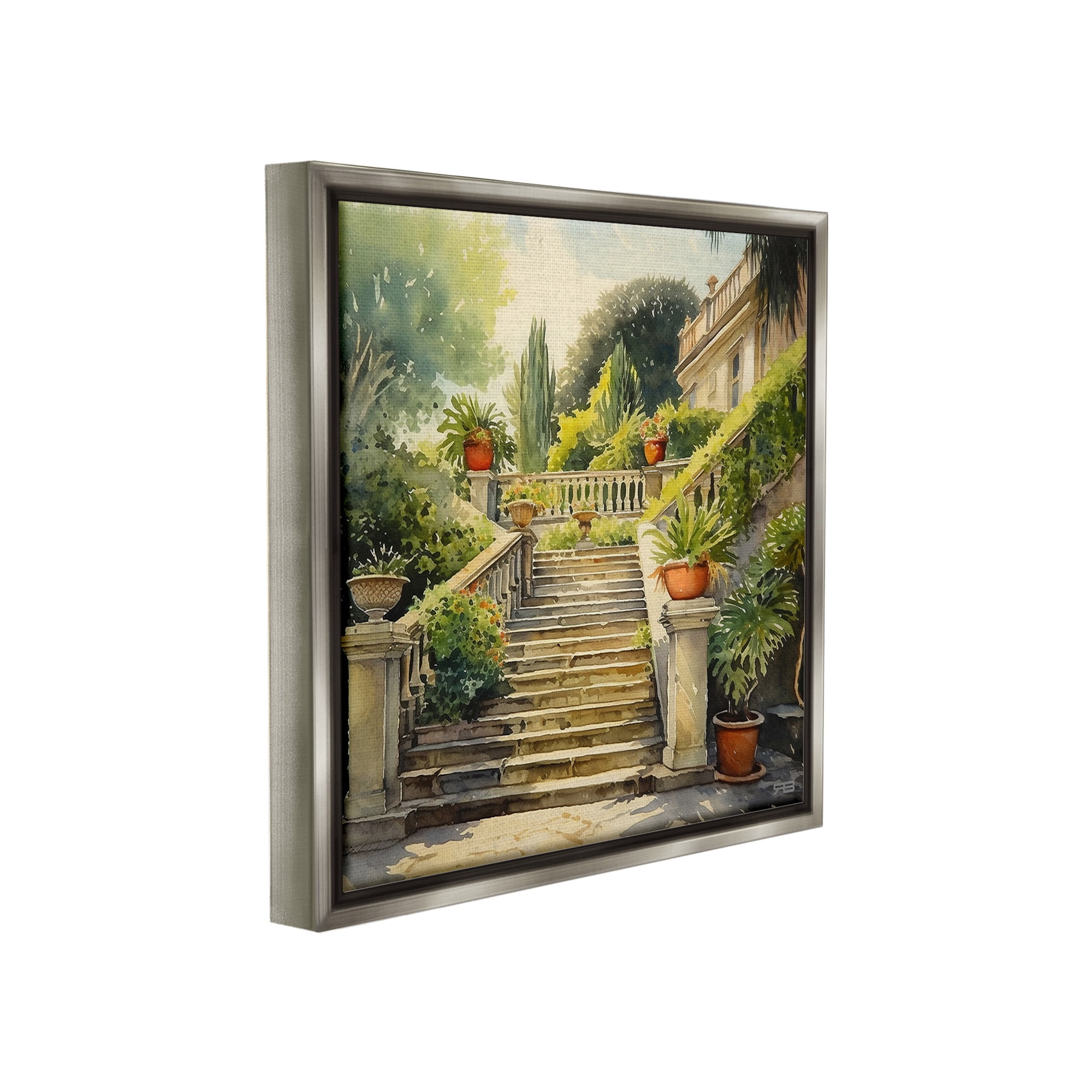 Stupell Industries Luxurious Villa Stairway Botanical & Floral Painting Gray Floater Framed Canvas Art Print Wall Art, 18 x 18