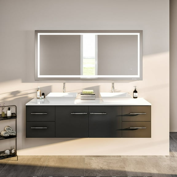 Totti Wave 72" Espresso Modern Double Sink Bathroom Vanity w/ Super White Man-Made Stone Top & Sinks