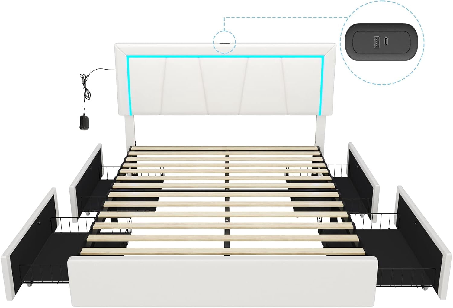 Queen Platform Bed Frame with LED Headboard&USB and Type-C Ports Modern Upholstered Bed Frame with 4 Storage Drawers,Faux Leather Bed Frame for Bedroom,White