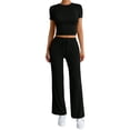 thumbnail image 2 of Costeam Womens Solid Color Crew Neck Short Sleeve Top and Long Pants Two Piece Matching Set with Side Pockets Elastic Waist Loose Fit Daily Casual Sport Loungewear Outfit, 2 of 6