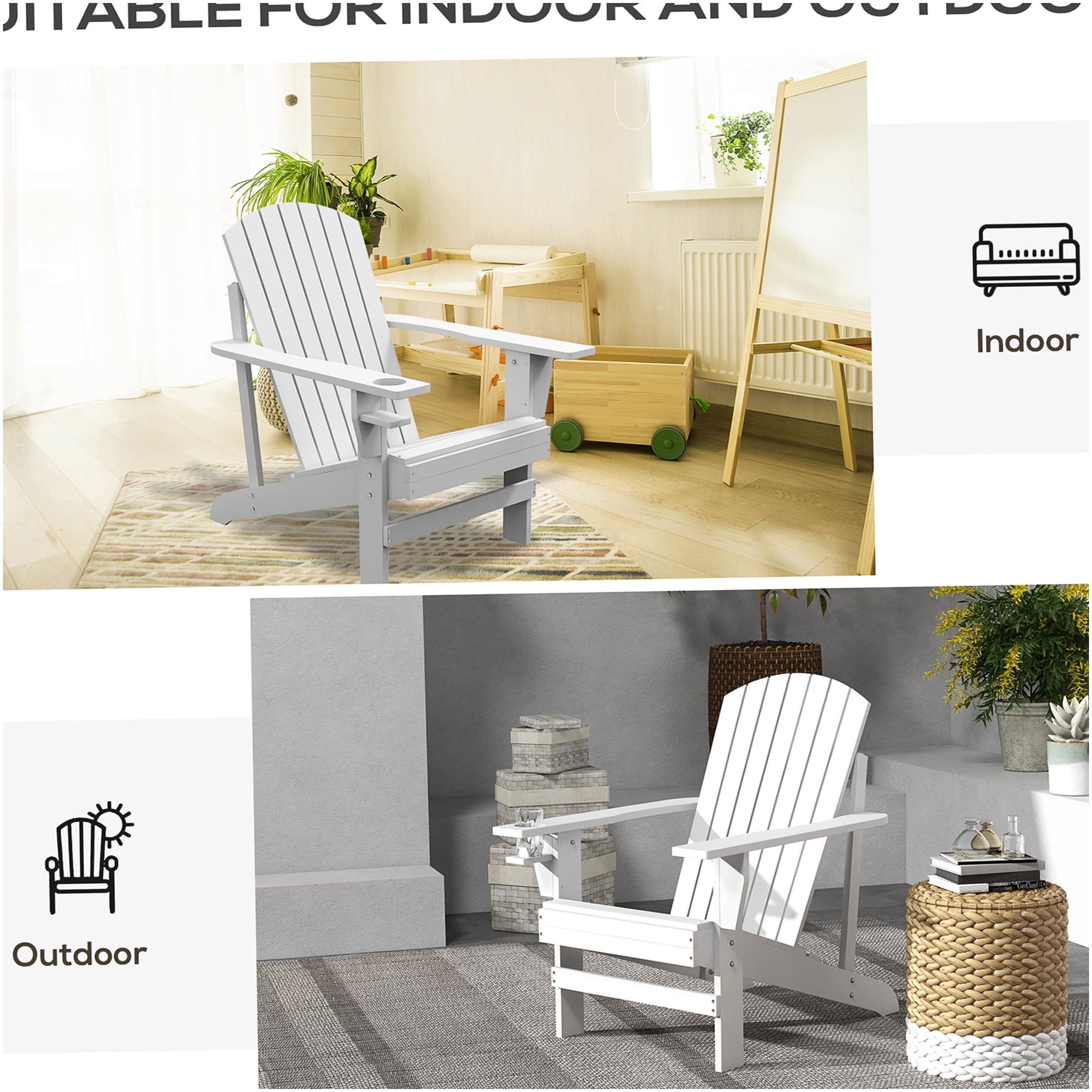 COSMOS White Wooden Adirondack Chair with Cup Holder, Weather-Resistant Outdoor Patio Lounge Chair for Garden, Deck, Backyard, Fire Pit