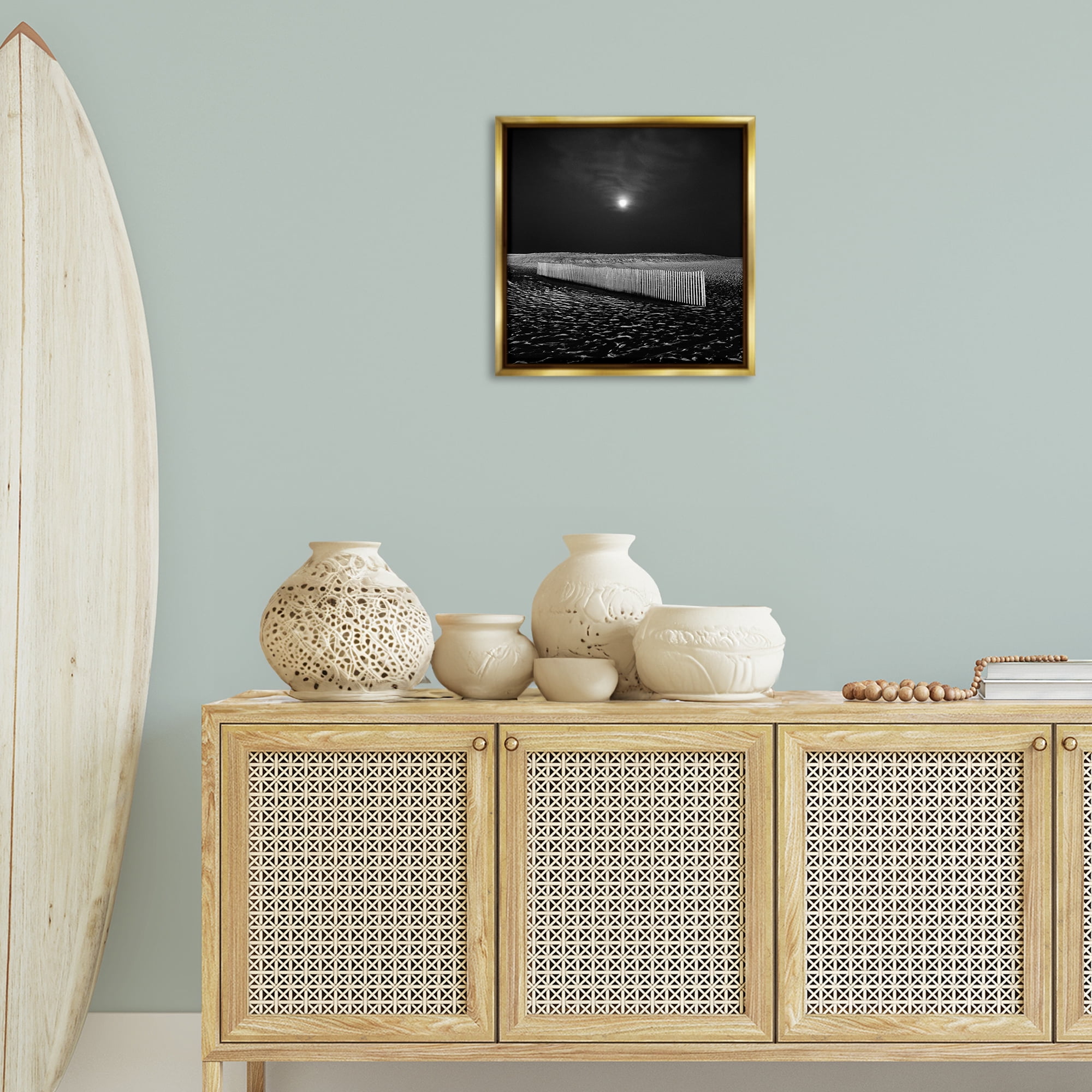 Stupell Industries Beach Fence at Night Coastal Photography Gold Floater Framed Canvas Art Print Wall Art, 18 x 18
