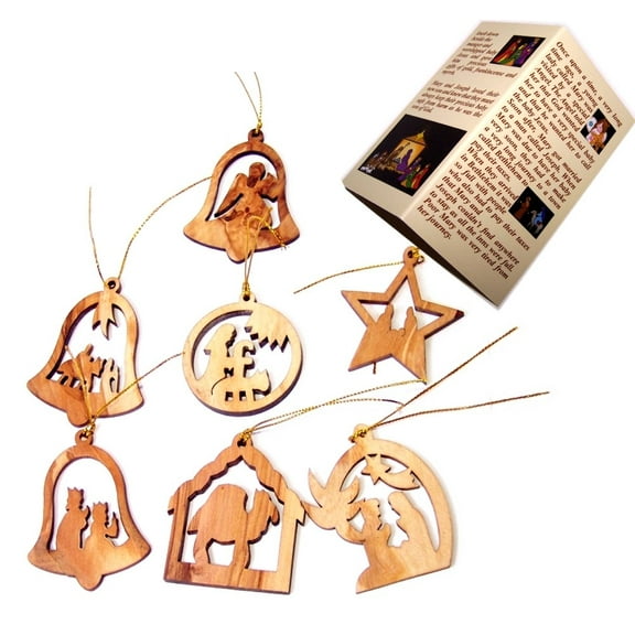 Holy Land Market Olive Wood Complete 7-Piece Christmas Ornament Set. Nativity Story