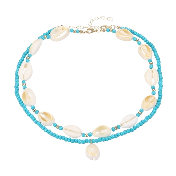 Uxcell Sea Shell Necklace for Women, Handmade Summer Bead Beach Shell Charm Bead Necklace Layered Adjustable Boho Beach Jewelry for Vacation Gift (Blue, Pack of 2)