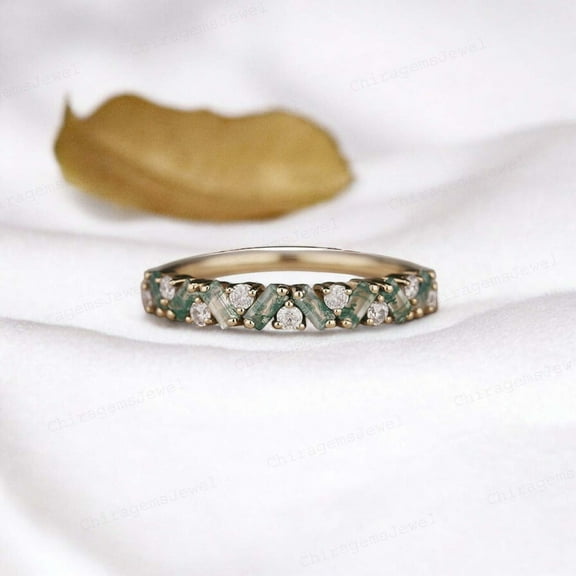 CHIRAGEMSJEWEL 4X2MM/0.20 ct Baguette Cut Moss Agate & Diamond Bridal Wedding Band , Art Deco Eternity band - Proposal Gift for Love