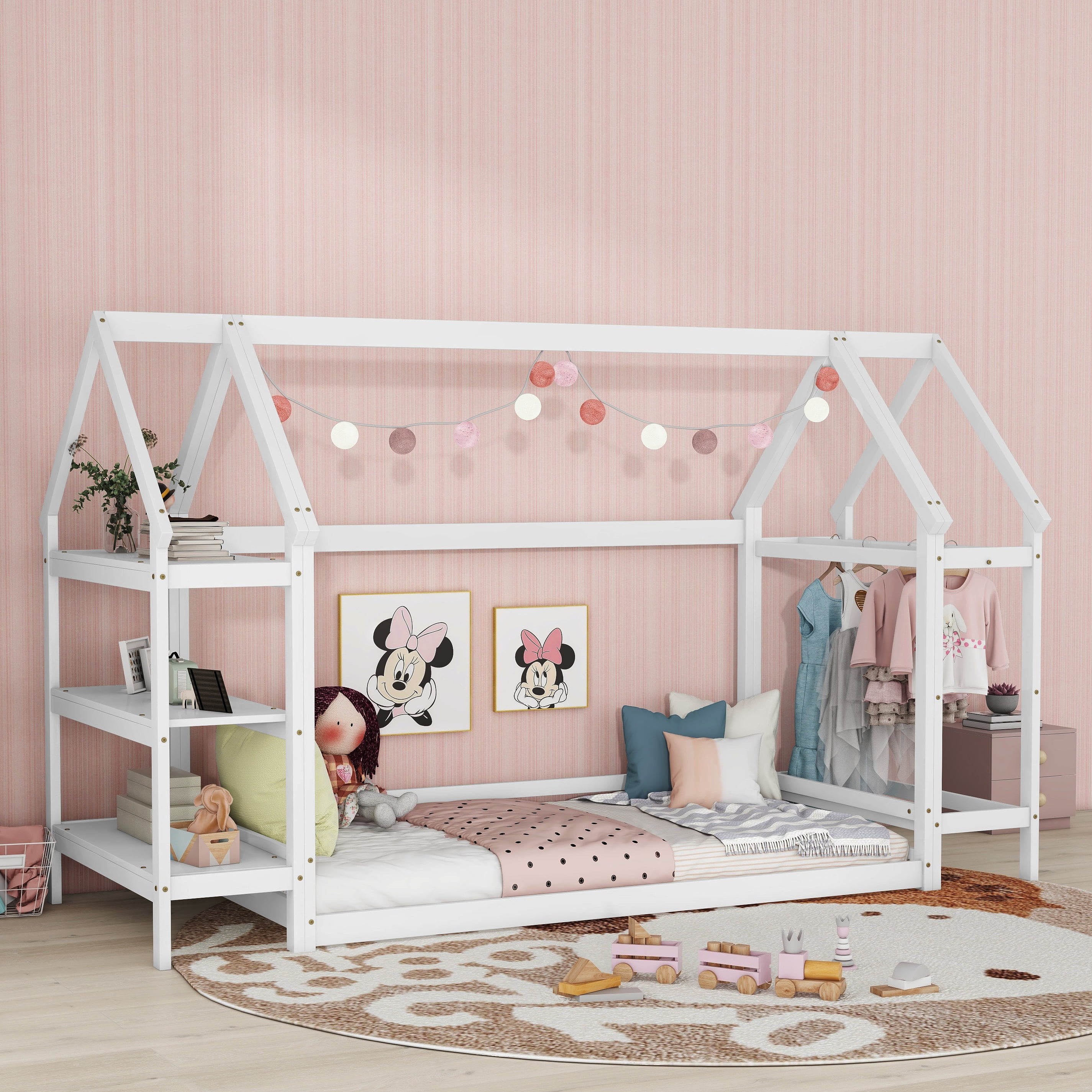 Bellemave Twin Size Floor Bed for Kids, Wooden House Bed with