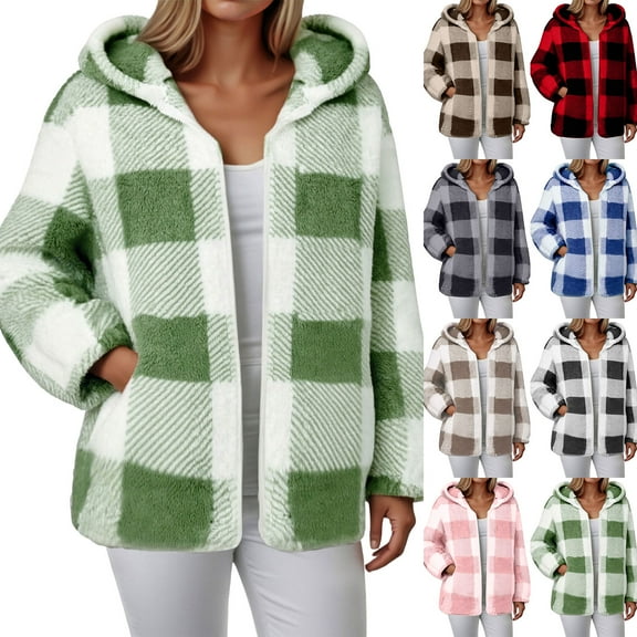 Quealent Sherpa Jacket Women Full Zip Up Hoodie Fuzzy Fleece Jacket Fall Winter Coat Plaid Shacket Checkered Outerwear Red for Size S