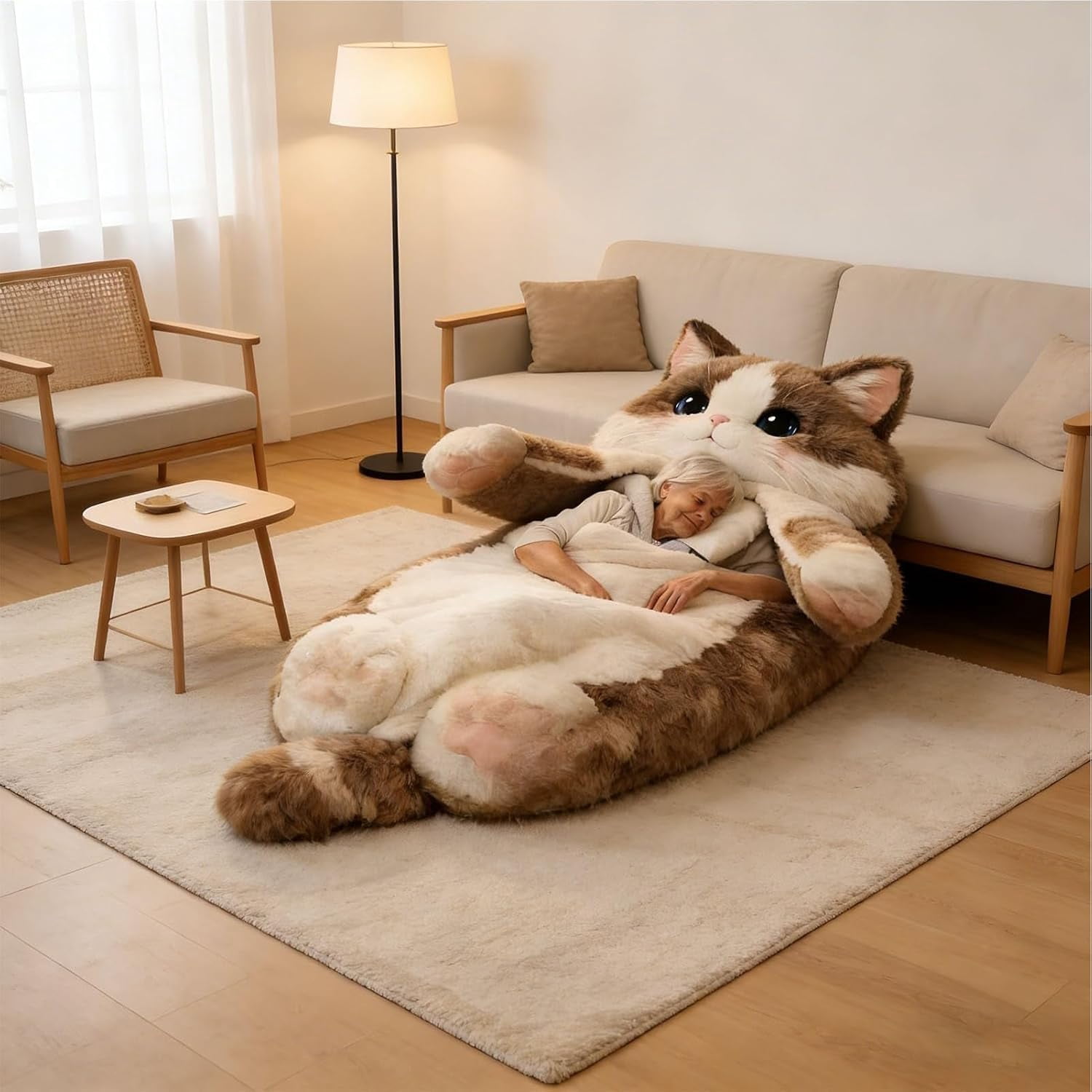 Cat Shaped Plush Sleeping Bag for Adults, 74.8"x31.4" Soft Plush Adorable Cat Envelope Sleeping Bag, Washable Warm Blanket for Camping Sleepovers Home(Q)