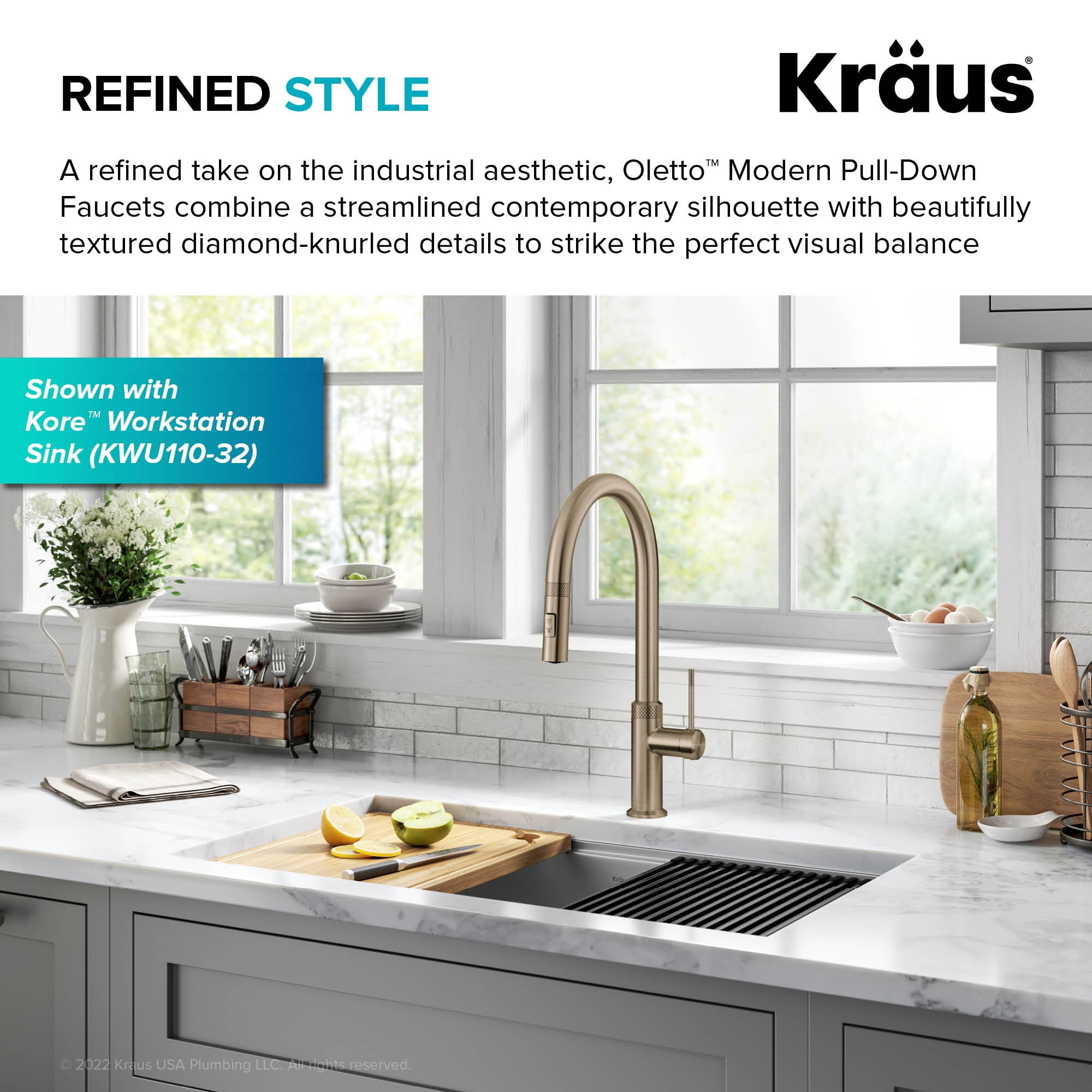 KRAUS Oletto Modern Industrial Pull-Down Single Handle Kitchen Faucet in Brushed Gold