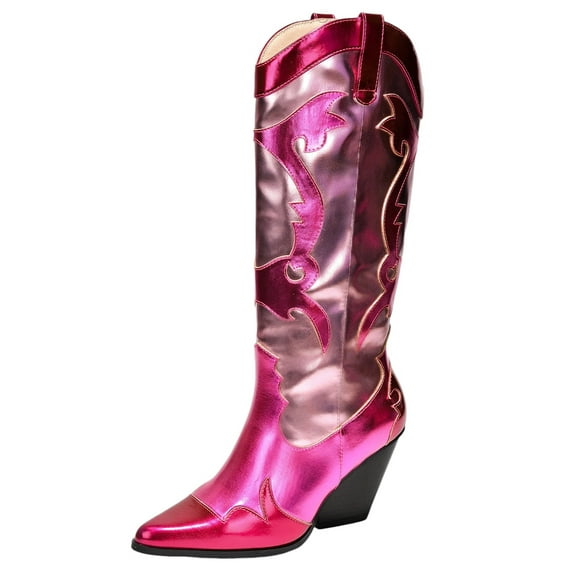 Cape Robbin Women Cowgirl Cowboy Western Knee High Boots Pointy Toe Stacked High Heel JULIANA Multi Pink Fuchsia 6