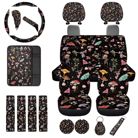 Uorisanigo Aesthetic Mushroom Car Seat Cover Set Pack of 18 with Seat Belt Strap Pads Full Set Universal Steering Covers Arm Rest Cover Headrest Cushion Handbrake Grip Protector Coasters Keychains