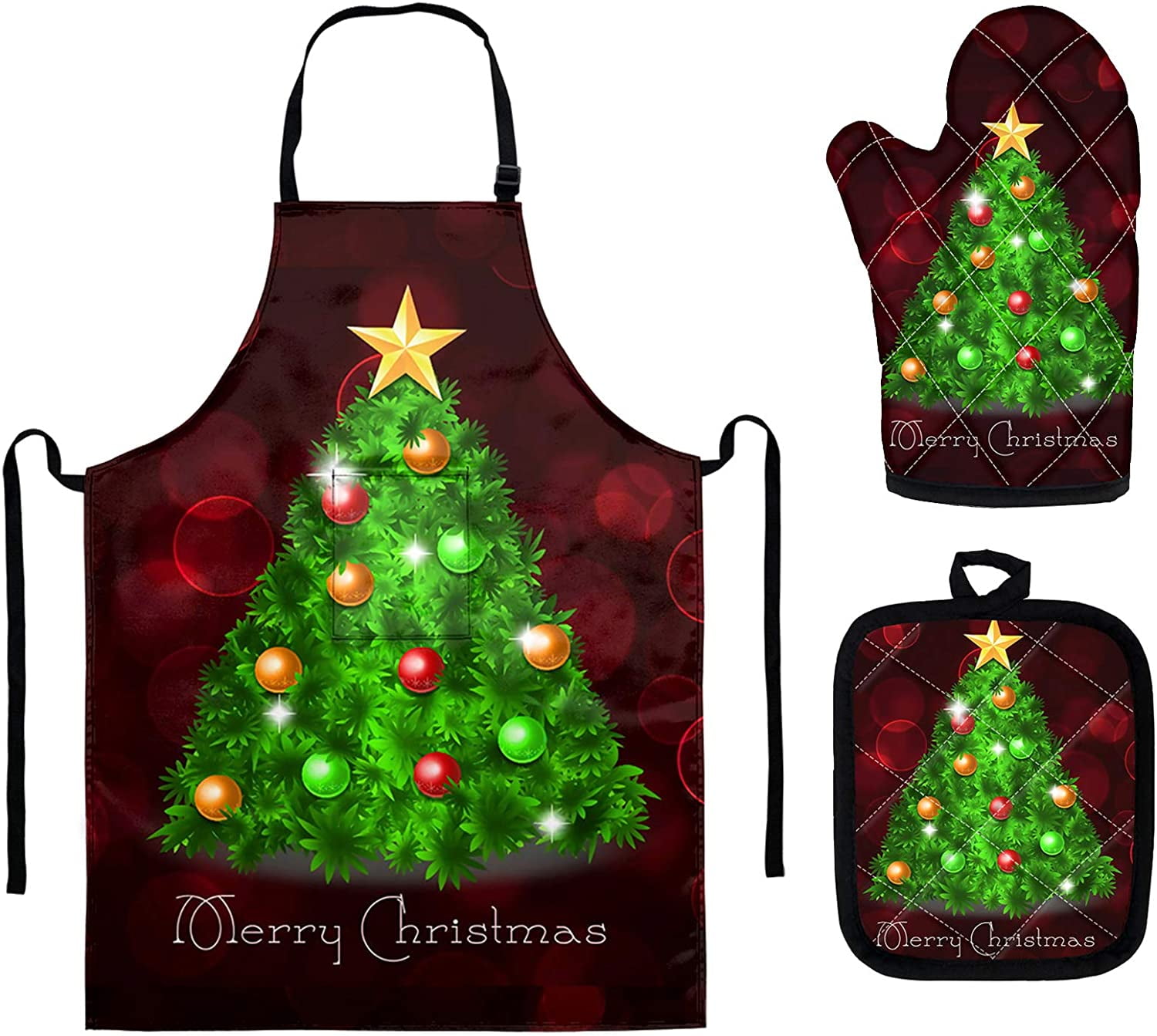 Christmas Apron with Adjustable Neck Strap,3pcs Christmas Tree Print with Oven  Mitt,Pot Holder,Apron for Garden Kitchen Waitress - Walmart.com