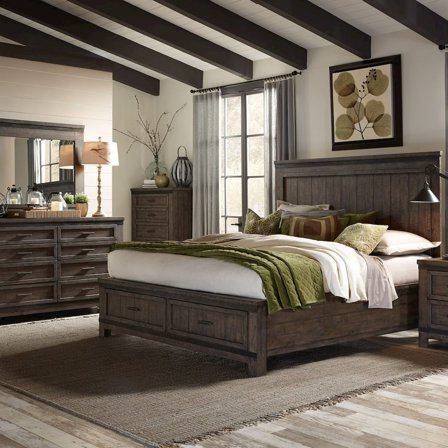 Liberty Furniture Industies, INC Queen Storage Bed, Dresser & Mirror - Rock Beaten Brown w/ Saw Cuts