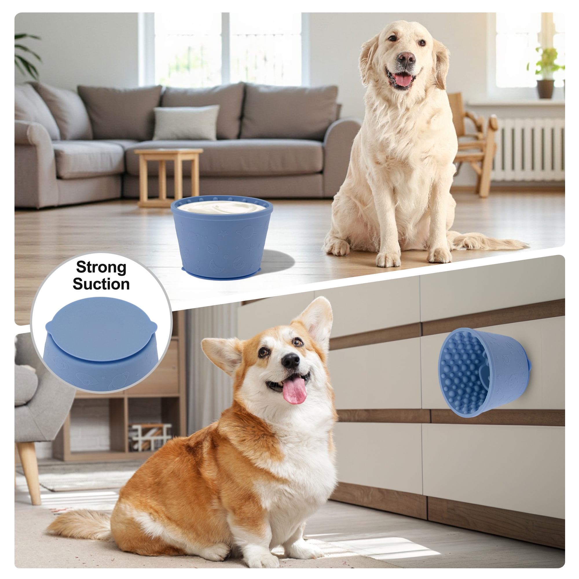 Unique Bargains Slow Feeder Dog Bowls Silicone Dog Lick Bowl with Brush & Scraper Non-Slip Base Slow Feeder for Anxiety Alleviating & Oral Health Navy Blue