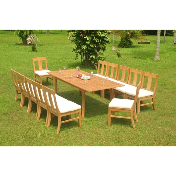 Grade-A Teak Dining Set: 12 Seater 13 Pc: 94" Double Extension Rectangle Table And 12 Osborne Armless Chairs Outdoor Patio WholesaleTeak #WMDSWVm